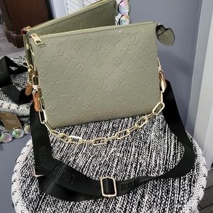 L* V crossbody bag khaki green and comes with black strap and gold chain.